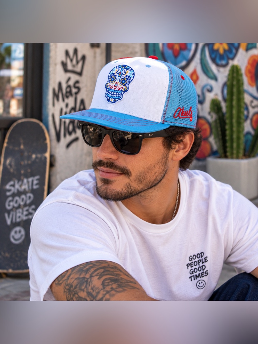 NWT Aksels Day of the Dead Sugar Skull Trucker Hat Blue White